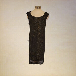 Adrianna Papell Gold Metallic Sheath Dress Size 10 Black Mesh Formal